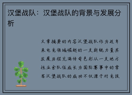 汉堡战队：汉堡战队的背景与发展分析