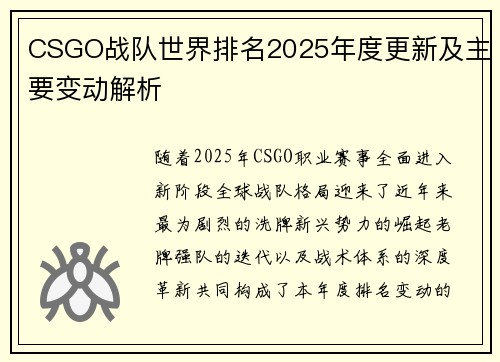 CSGO战队世界排名2025年度更新及主要变动解析