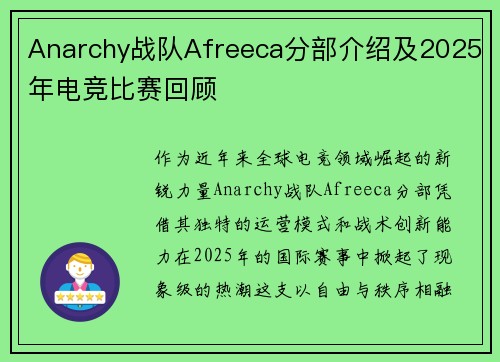 Anarchy战队Afreeca分部介绍及2025年电竞比赛回顾
